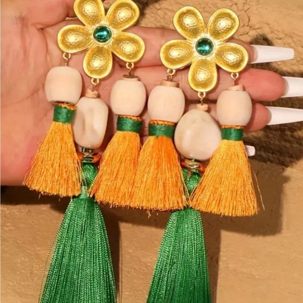 Gold and Green Floral Tassel Earrings